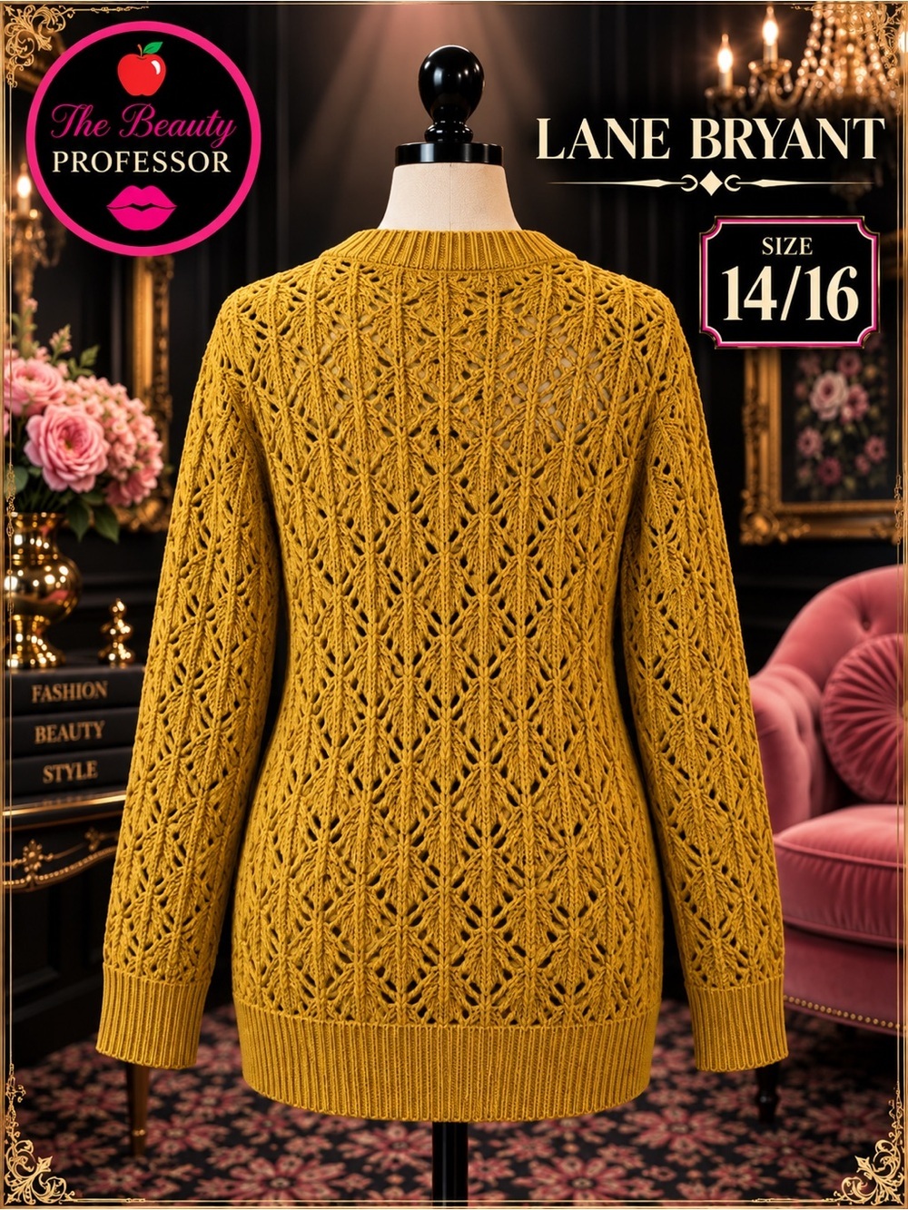Lane Bryant 14/16 Mustard Open Knit Pointelle Long Sleeve Sweater - Picture 2 of 10